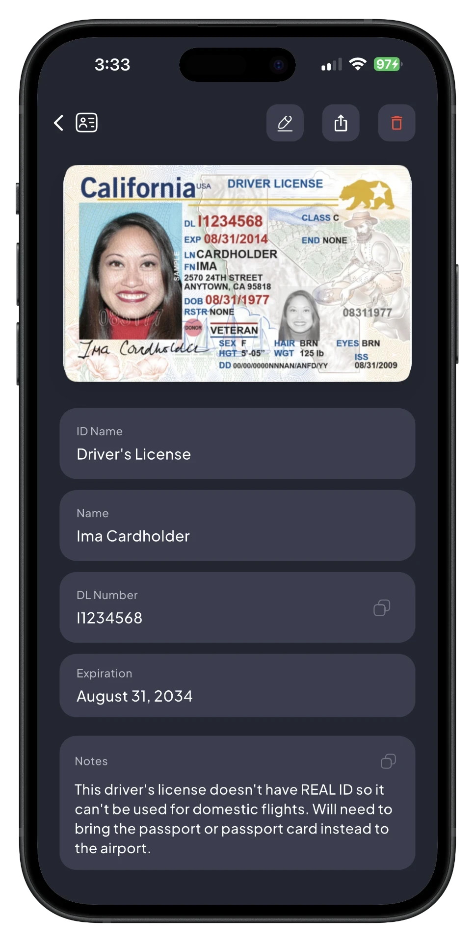 SafePlus ID detail screen