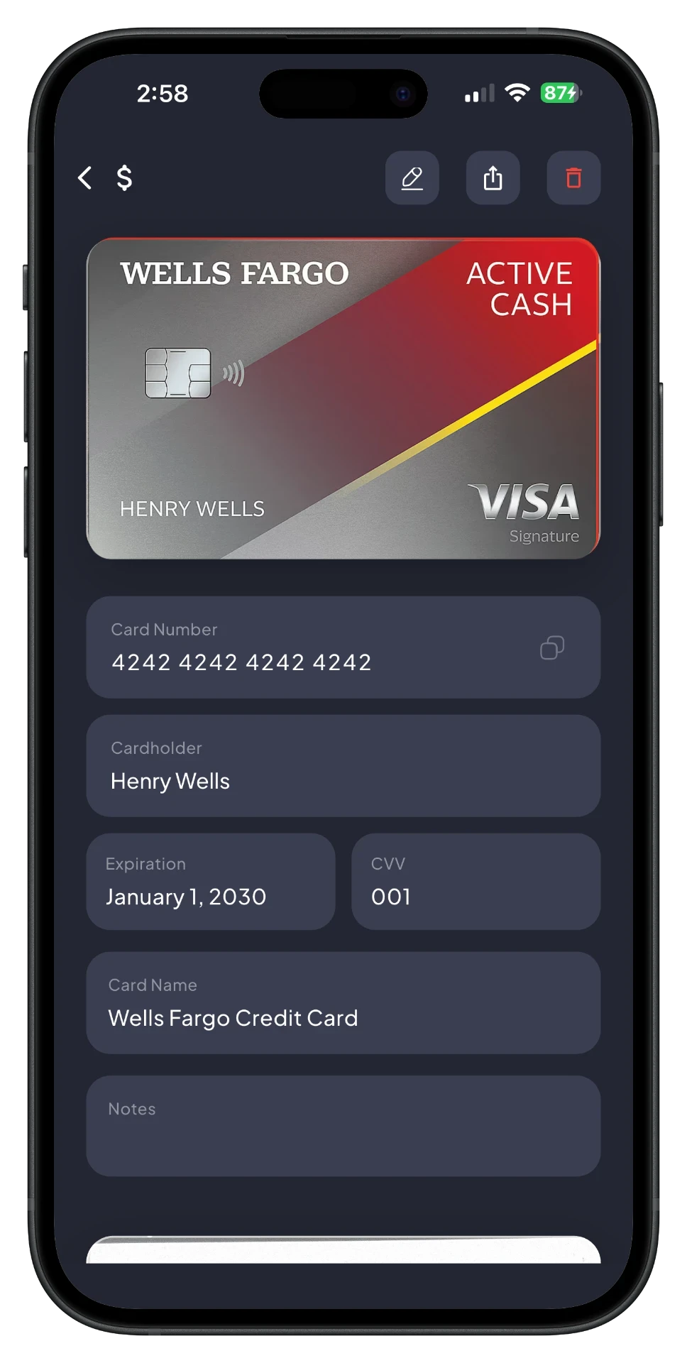 SafePlus card detail screen