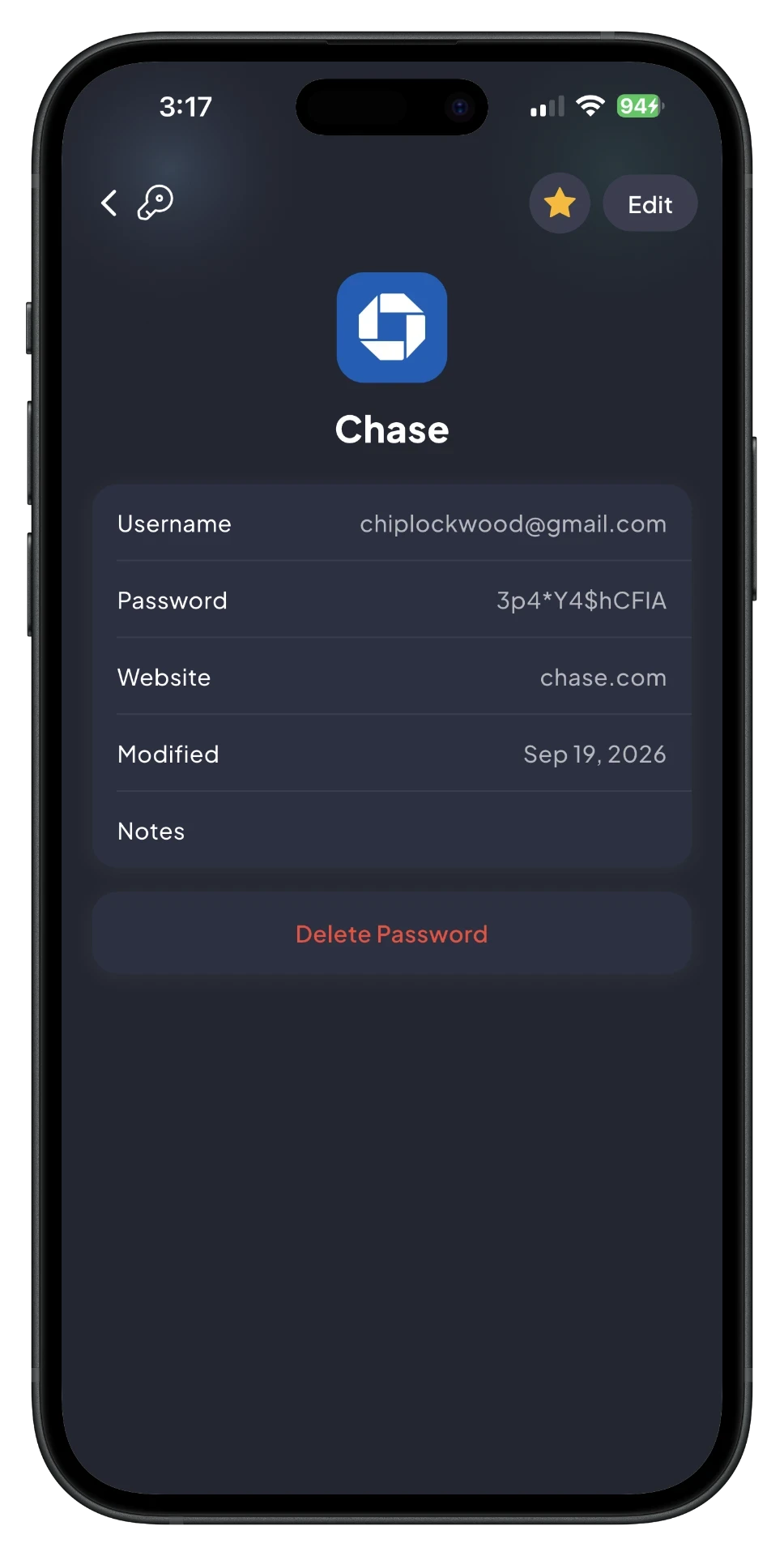 SafePlus password detail screen