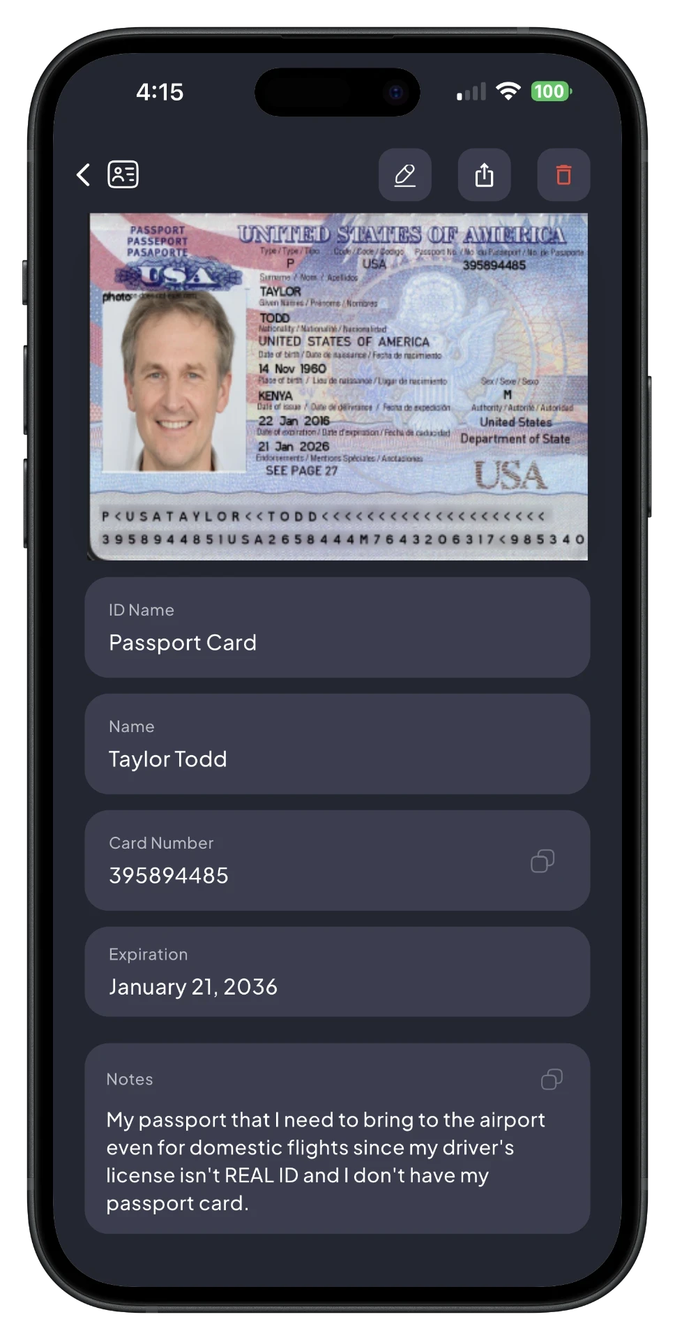 SafePlus passport detail screen