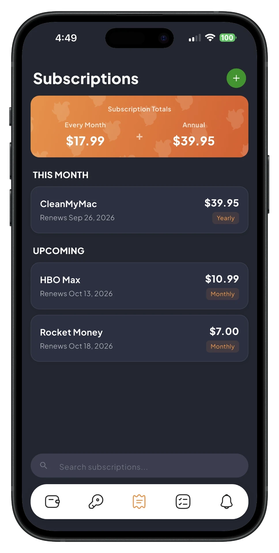 SafePlus subscriptions screen